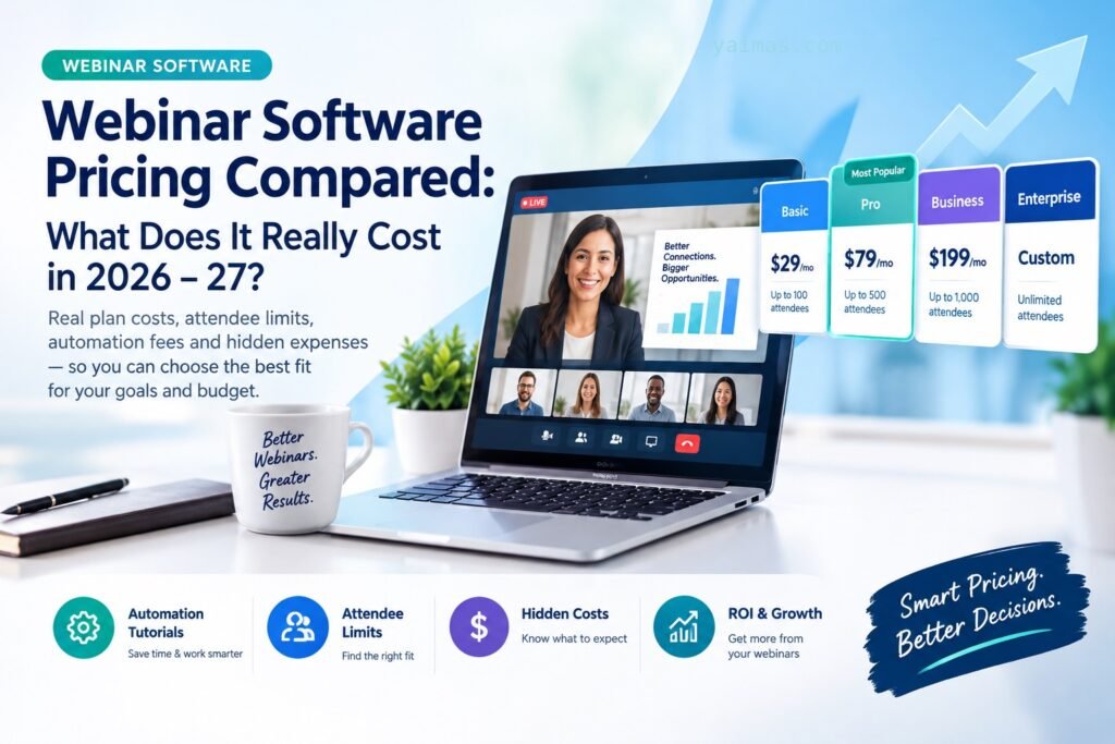 Webinar software pricing comparison for 2026–27 featuring webinar hosting, attendee limits, automation features, and software pricing plans.